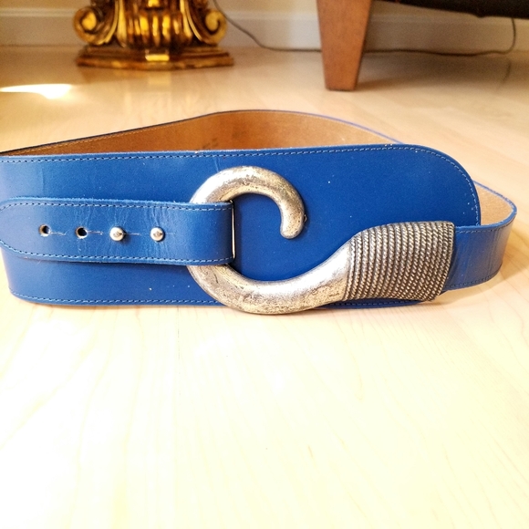 Vintage Accessories - Vintage Hook Blue Leather 70s Wide Waist Belt
